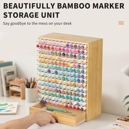 AUTOARK Natural Bamboo Marker Organizer with Drawer, AHK-065 | 182 Slots