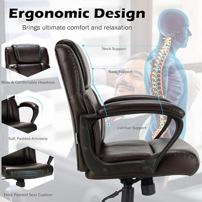 Giantex Leather Executive Chair, Ergonomic Mid Back Computer Desk Chair with 4" Thickened Cushion, Soft Padded Armrests, Height Adjustable Modern Swivel Task Chair for Home Office Study, Brown