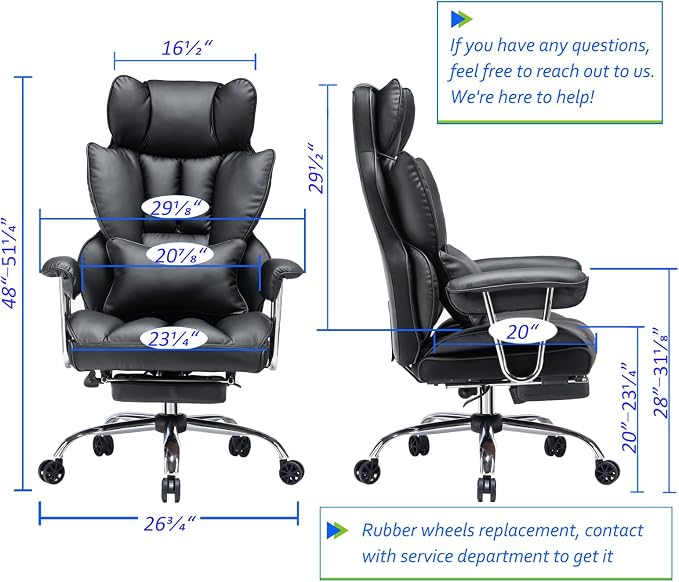 Efomao Big and Tall Office Chair with Foot Rest 400LBS, PU Leather Computer Chair, Heavy Duty Executive Office Chair with Lumbar Support, Black Home Office Chairs | 400lbs support, 135° recline, dual-layer foam cushion, 23.5" seat & footrest. BIFMA