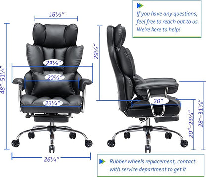 Efomao Big and Tall Office Chair with Foot Rest 400LBS, PU Leather Computer Chair, Heavy Duty Executive Office Chair with Lumbar Support, Black Home Office Chairs | 400lbs support, 135° recline, dual-layer foam cushion, 23.5" seat & footrest. BIFMA