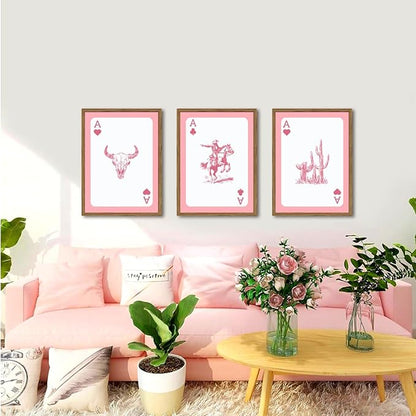 Set of 3 Western Cowgirl Wall Art Pink Bull Skull Wall Decor Painting Southwestern Playing Card Poster Canvas Prints Picture for Bedroom Living Room Wood Framed 16x24 inch