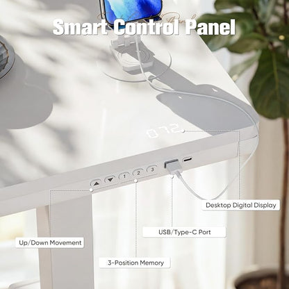 YESHOMY Electric Standing Desk with Tempered Glass Top, 47.2" Height Adjustable Desk with Partitioned Drawer & USB/Type-C Ports, Sit Stand Desk for Home Office, White