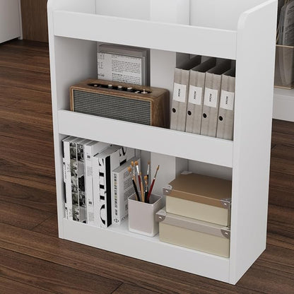 MOUMON L Shaped Standing Desk with Drawers and Shelves, Executive Adjustable Height Desk, L-Shaped Design, 63 inch Tabletop, for Office Oak and White (63”W x 63”D x 28.9-45.3”H)