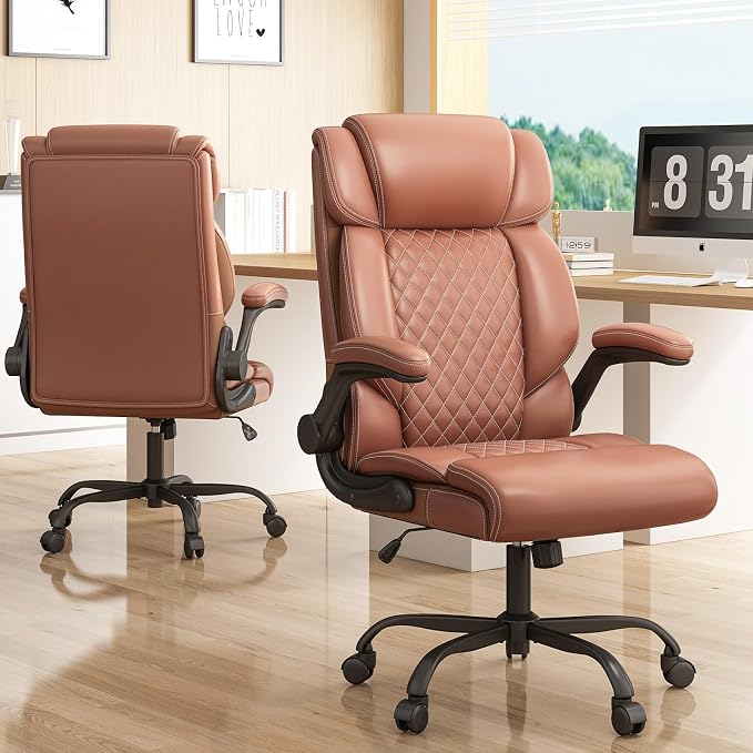 Office Chair-Executive High Back Breathable Big and Tall Office Chair Flip-up Armrests Lumbar Support-Ergonomic Leather Rolling Swivel Chair with Rock Function for Working Studying Gaming,2 Pack