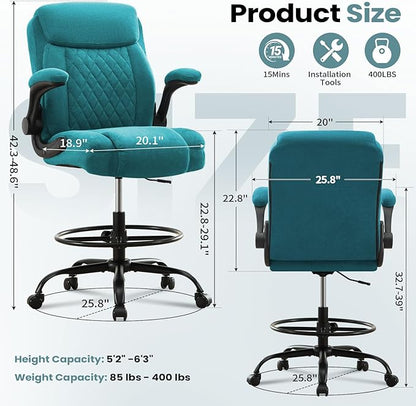 MAHOMICO Drafting Chair for Standing Desk – Tall Office Chair with Adjustable Height & Foot Ring, Flip-Up Arms, Lumbar Support – Comfortable Fabric Seat, Ideal Home Desk Chair