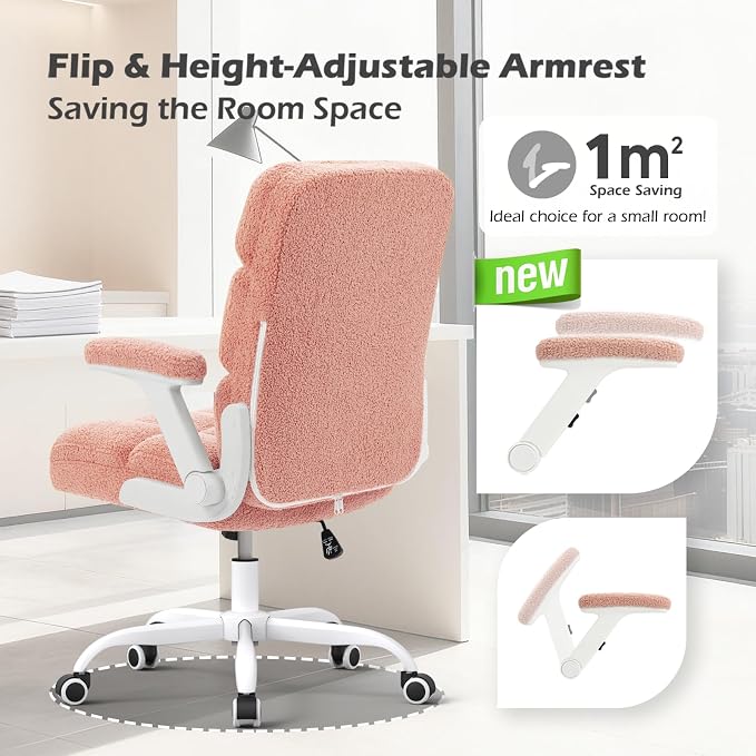 SEATZONE Pink Office Chair Ergonomic Computer Desk Chair with Wheels,Faux Fur Comfy Office Chair for Women and Girls,Teddy Fleece Material