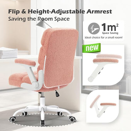 SEATZONE Pink Office Chair Ergonomic Computer Desk Chair with Wheels,Faux Fur Comfy Office Chair for Women and Girls,Teddy Fleece Material