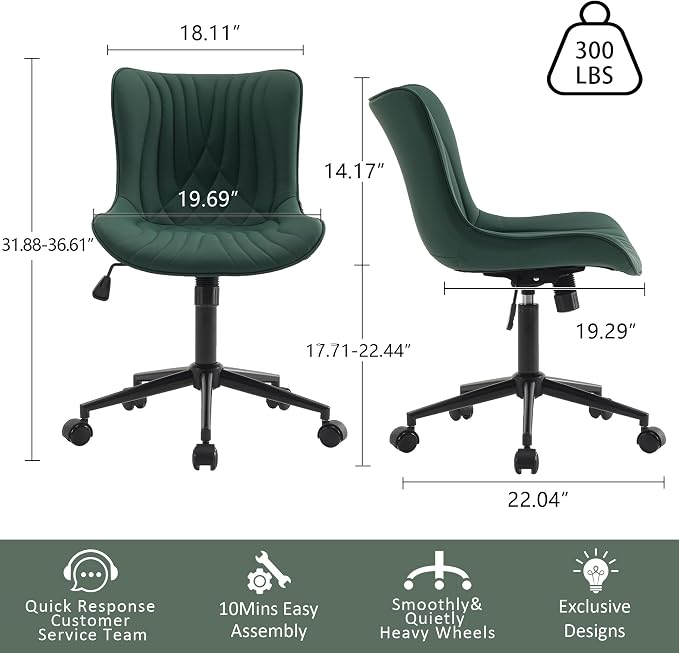 YOUTASTE Dark Green Armless Office Chair, Modern Adjustable Swivel Desk Chair with Wheels, Upholstered PU Leather, Black Metal Legs, Back Support for Home Office, Study, Vanity, Bedroom