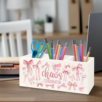 Thank You Appreciation Gifts for Women Boss Coworker Manager Nurse Employee Social Workers Wooden Pen Pencil Holder,Coquette Pink Bow Chaos Coordinator Makeup Brush Toothbrush Holder Organizer