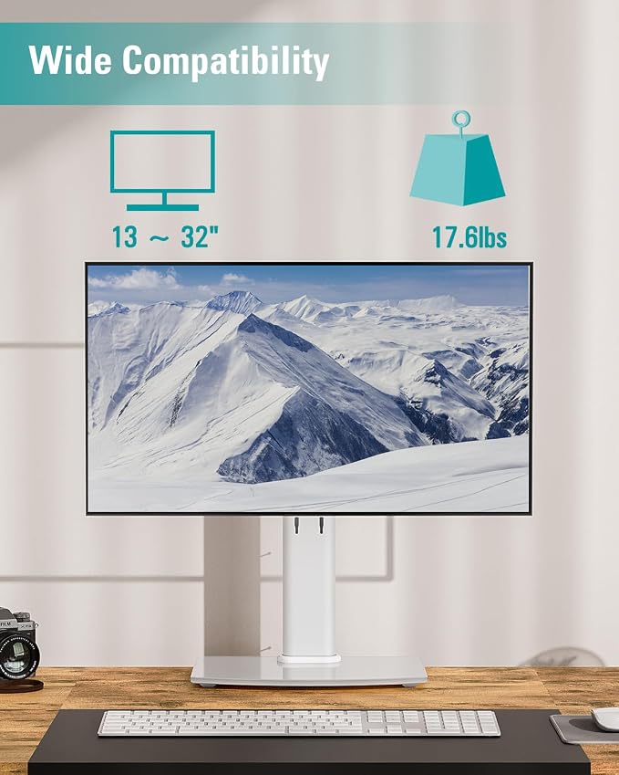 MOUNT PRO Single Monitor Stand Fits Max 32 inch Screen, Free-Standing Computer Desk Stand, Display Mount with Height Adjustable, Swivel, Tilt, Rotation, VESA Monitor Stand 100x100, White