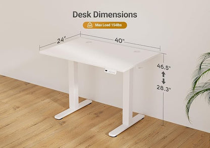 Seang Electric Standing Desk Adjustable Height, 40 x 24 Inch Sit Stand Desk with T-Shaped Frame, 3 Memory Presets & Cable Management for Home Office Computer Workstation, White Frame/White Top