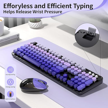 Wireless Keyboard and Mouse, 104 Round Keycaps Retro Typewriter with OTG & Brush, Full-Size Ergonomic, Ideal for Windows PC, Home, Office and College Purple Pink