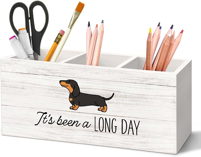 Dachshund Gifts Dog Pen Holder for Desk, Funny Dachshund Pencil Organizer, Gifts for DachshundLovers Owners, It's Been A Long Day Wooden Pen Holder Desk Accessories Decor for Home Office