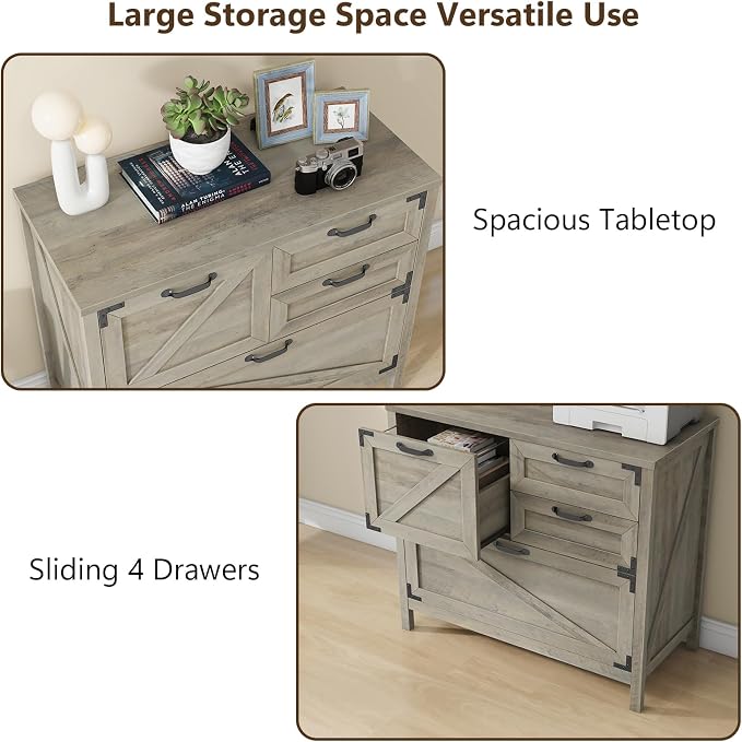 Halitaa Lateral File Cabinet with 4 Drawers, Farmhouse File Cabinet for Letter/Legal/A4 Size Hanging Files, Large Wood File Storage Cabinets Printer Stand for Home Office Cabinets, Rustic Grey