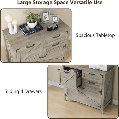 Halitaa Lateral File Cabinet with 4 Drawers, Farmhouse File Cabinet for Letter/Legal/A4 Size Hanging Files, Large Wood File Storage Cabinets Printer Stand for Home Office Cabinets, Rustic Grey