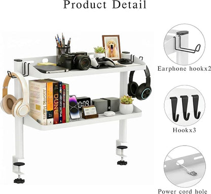 Clamp on Desk Shelf White, 24in 2-Tier Office Desk Shelves Organizer, Shelf for Top of Desk with Headphone Holder and Hooks, Desktop Storage Rack for Home Workspace, Study Rooms, Gaming Accessories