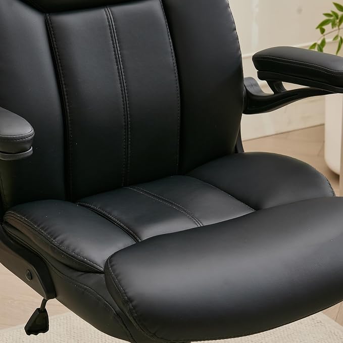 Leather Executive Office Chair - Ergonomic Computer Chair with Flip-up Arms Comfy PU Leather Home Desk Chairs Mid Back Support Adjustable Height Tilt Lock Swivel Rolling Wheels, Black
