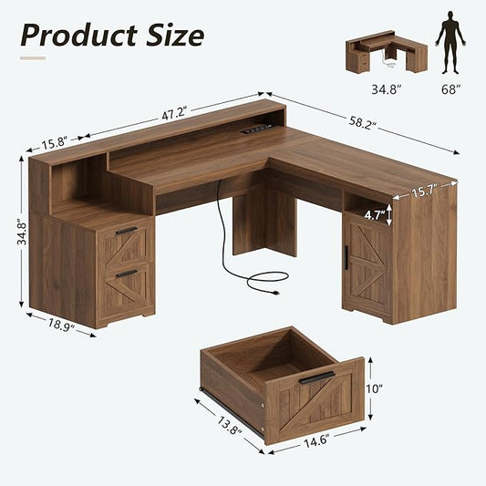YOMILUVE 63" Farmhouse L Shaped Executive Desk with Drawers & Storage Shelf, Corner Computer Desk with Power Outlets, L Shaped Office Desk with Monitor Stand, Printer Shelf, Brown