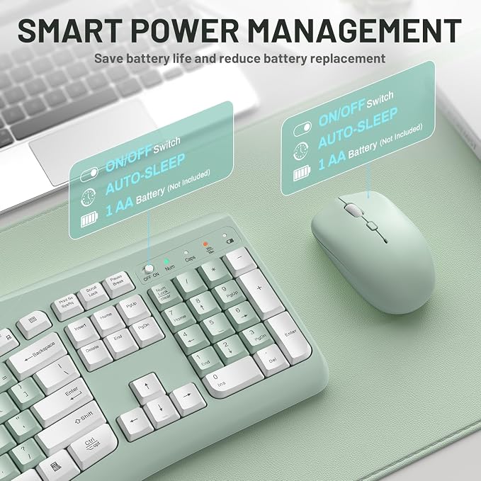 Wireless Keyboard and Mouse Combo,2.4G Full Size Ergonomic Curved Silent Keyboard with Fn Multimedia Keys for Office and Home, 3-DPI Quiet Mouse for Windows,Mac OS Desktop/Laptop/PC(Avocado Green-A)