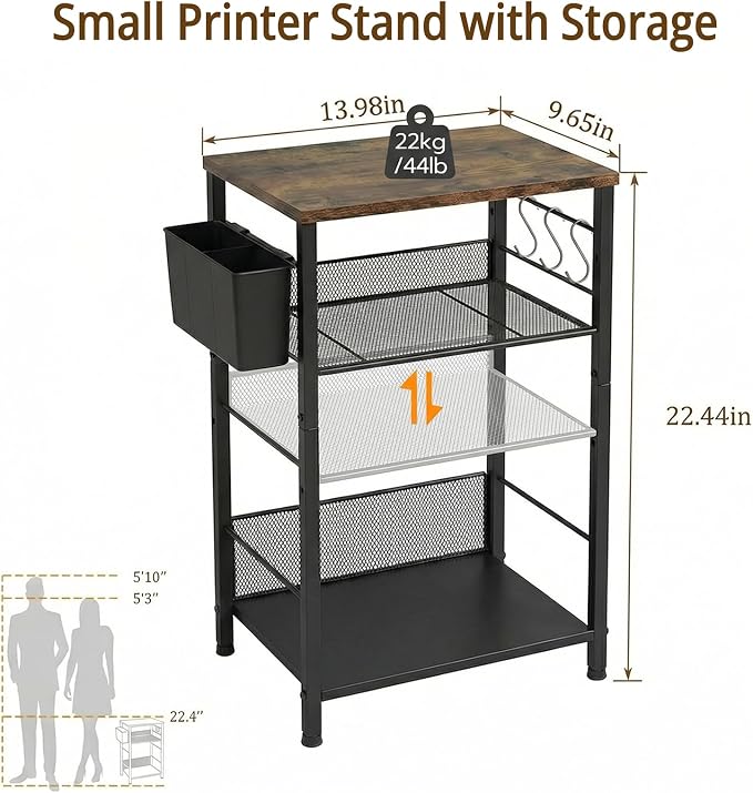 ECOLOVI 3 Tier Printer Stand for Under Desk, Height Adjustable Shelf Small Printer Table with 3 S-Hooks & Basket, Heavy Duty Industrial Storage Shelf for Home Office (Rustic Brown)