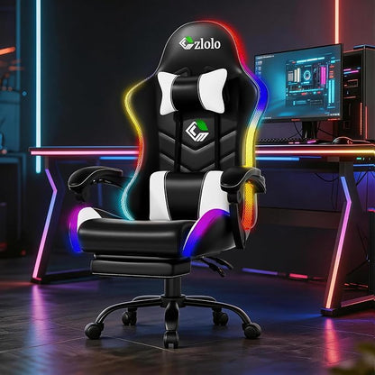 Czlolo Gaming Chair, 2026 Upgraded RGB LED Lights Computer Chair with Footrest, Lumbar Support Massager Gamer Chair, High Back, 90-135° Reclining, Linkage Armrests, White