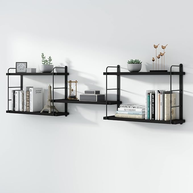 MXCSE Wall Shelves, Wall Mounted Bookshelves, DIY Floating Shelves for Wall, Wood Hanging Book Shelves for Room, Bedroom, Living Room, Easy Installation (Black, 50W x 17H)