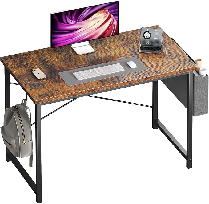 OLIXIS Computer Desk, 44 Inch Home Office Desks for Small Spaces, Writing Craft Study Gaming Table for Bedroom, Modern Computer Workstation with Storage Bag and Headphone Hook, Rustic Brown