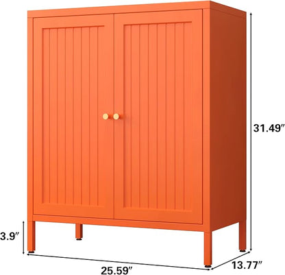 2 Door Metal Storage Cabinet-Small Bathroom Storage Cabinet with 1 Adjustable Shelf,Freestanding Sideboard for Home Office, Living Room, Hallway, Entryway(Striped Door, Orange)