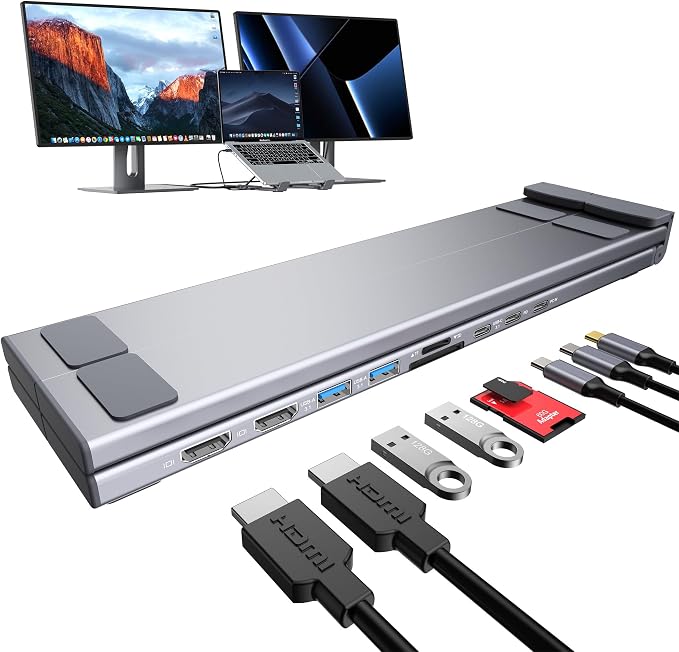 Mukiya USB C Laptop Docking Station Stand, Dual Monitor 4K@60Hz, 9 in 1 USB C Hub with 2 HDMI, 2 USB 3.0, PD 100W, Universal Dock Station for MacBook Pro/Air/Dell/HP/Surface/Lenovo