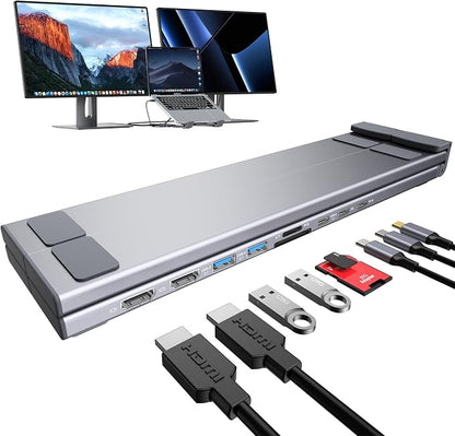 Mukiya USB C Laptop Docking Station Stand, Dual Monitor 4K@60Hz, 9 in 1 USB C Hub with 2 HDMI, 2 USB 3.0, PD 100W, Universal Dock Station for MacBook Pro/Air/Dell/HP/Surface/Lenovo