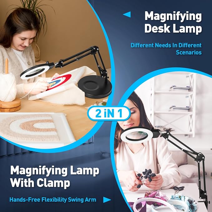 KIRKAS 12X Magnifying Glass with Light and Stand, Overhead Knob Magnifying Lamp for Workbench Craft, Sewing, 2-in-1 Lighted Magnifier Real Glass Lens Stepless Dimming and Color(9.06IN Base & Clamp)