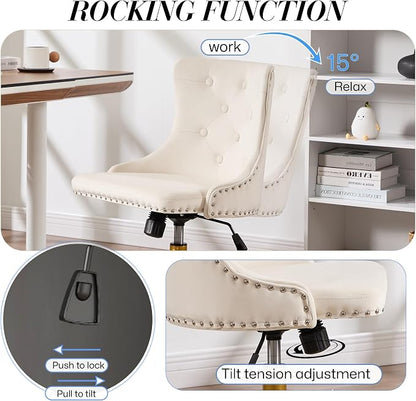 Velvet Armless Home Office Desk Chair, Swivel Height-Adjustable Small Cute Vanity Chair for Women/Girls, Comfy Makeup Chair with Rivet and Gold Base for Living Room, Bedroom(Beige)