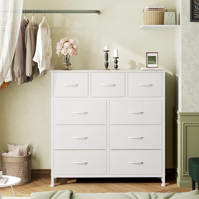DUMOS Dresser for Bedroom, Storage Organizer with 9 Drawers, Chest of Drawers with Fabric Bins, Sturdy Metal Frame, Wood Tabletop for Guest Room, Closet, Entryway, White