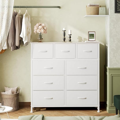 DUMOS Dresser for Bedroom, Storage Organizer with 9 Drawers, Chest of Drawers with Fabric Bins, Sturdy Metal Frame, Wood Tabletop for Guest Room, Closet, Entryway, White