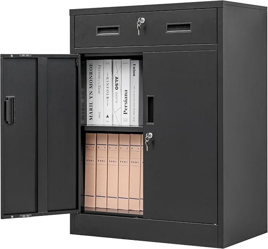 CMY Metal Storage Cabinet, Locking Storage Cabinet with 1 Drawer and Adjustable Shelf, 36" H x 28" W x 16" D Metal Cabinets for Office, Garage, Home-Black