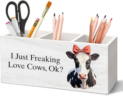 Cow Gifts Pen Holder for Desk, Funny Cute Bow Farm Animal Pencil Organizer, Cow Gifts for Women CowLovers, I Just Freaking Love Cows Wooden Pen Holder Desk Accessories Decor for Home Office