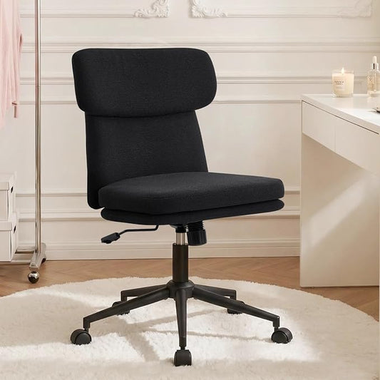 Furniliving Armless Office Chair, Upholstered Chenille Desk Chair with Wheels, Adjustable Swivel Computer Vanity Chair with Double-Layer Cushion, Black