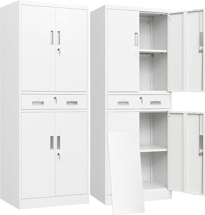 BESFUR Metal Storage Cabinet with a Drawer 4 Doors and 2 Adjustable Shelves Garage Storage Cabinet with Lock 71" Office Storage Cabinets Locking Cabinets for Garage Office Shop Home (White)