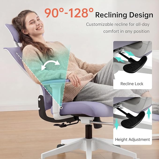 Foldable Office Chair with Foot Rest, Ergonomic Office Chair with Adjustable Lumbar Support, Headrest, Armrest, Home Office Desk Chair for Space Saving, Work from Home, Purple