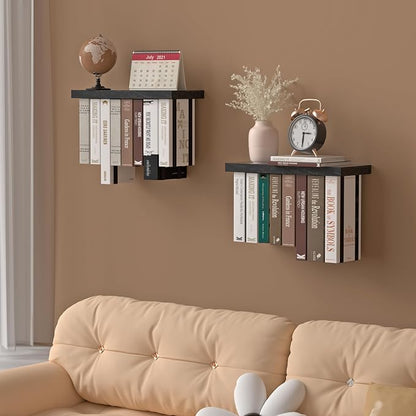 Floating Book Shelves for Wall Set of 2, Unique Wood Hanging Bookshelf | Easy Install Wall Bookshelf with Anti-Tilt Metal Bracket, Floating Bookshelf Storage Display Wall Shelves for Home Decor