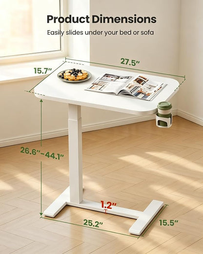 Marsail 28×16" Overbed Table with Wheels and 360° Cup Holder, Height-Adjustable Pneumatic Bedside Table, Mobile Computer Standing Desk for Home Office, White