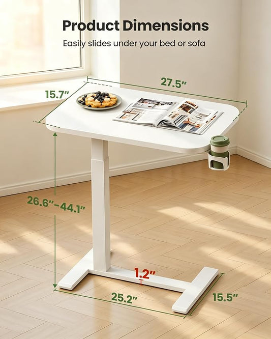 Marsail 28×16" Overbed Table with Wheels and 360° Cup Holder, Height-Adjustable Pneumatic Bedside Table, Mobile Computer Standing Desk for Home Office, White
