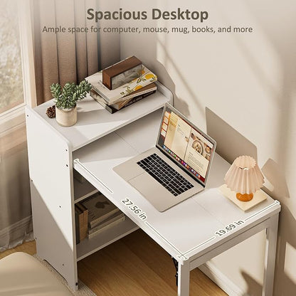 Bamboo Folding Desk for Small Spaces with Storage, Foldable Mid Century Modern Drop Leaf Desk, Vintage Fold Out Hideaway Small Desks for Bedroom or Home Office, White