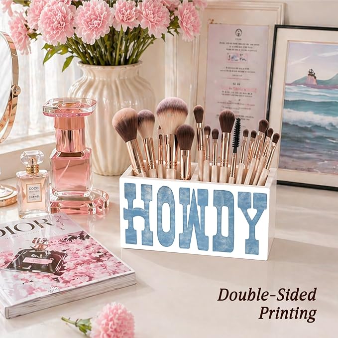 Blue Coastal Western Howdy Pen Pencil Holder for Desk Accessories Coastal Beach Office Decor, Coastal Cowgirl Decor, Western Decor Howdy Decorative for Home Bedroom Office Desk Tabletop