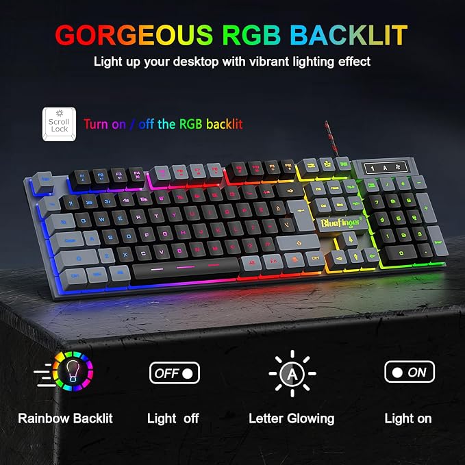 BlueFinger RGB Gaming Keyboard and Backlit Mouse Combo, USB Wired, LED Gaming Set for Laptop PC Computer Game and Work(Gray & Black)