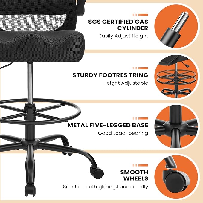 Drafting Chair 500LBS – Tall Office Chair with Adjustable Height & Foot Ring for Standing Desk, Ergonomic Mesh Chair with Flip-Up Armrests, Thick Curved Seat for Home Office & Creative Work
