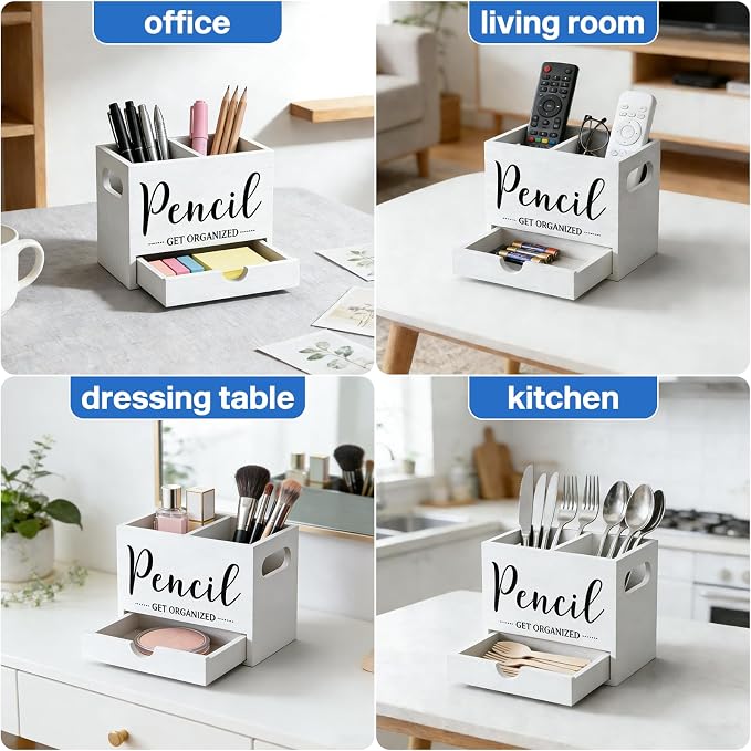 Pen Holder for Desk, Wood Pencil Organizer with Drawer, 2 Slots Dual-Purpose Desk Organizers Marker Holder Art Supplies for Home, Office(White)
