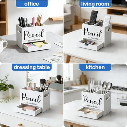 Pen Holder for Desk, Wood Pencil Organizer with Drawer, 2 Slots Dual-Purpose Desk Organizers Marker Holder Art Supplies for Home, Office(White)