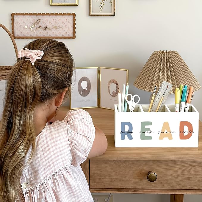 Book Lovers Gifts Pen Holder, Book Reader Gifts Pencil Holder for Desk, Boho Read Today a Reader Tomorrow a Leader Wooden Box Sign Decorations for Reading Room Classroom Desk Tabletop