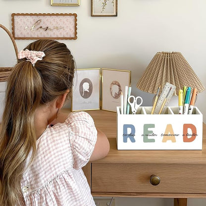 Book Lovers Gifts Pen Holder, Book Reader Gifts Pencil Holder for Desk, Boho Read Today a Reader Tomorrow a Leader Wooden Box Sign Decorations for Reading Room Classroom Desk Tabletop
